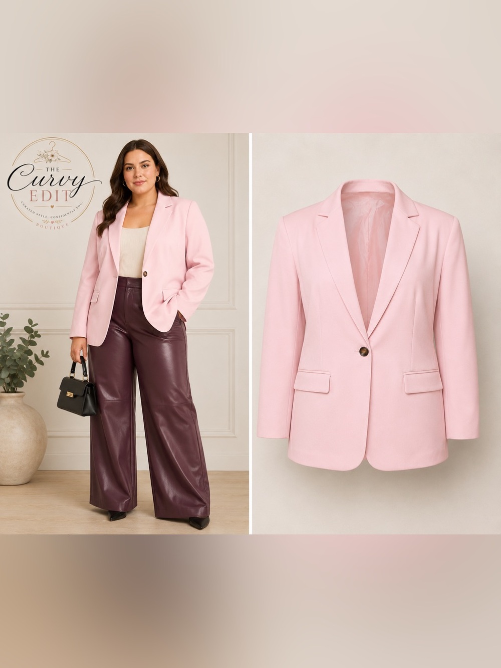 XL Pink Blazer One Button Career Jacket Tailored Office Business Casual Chic